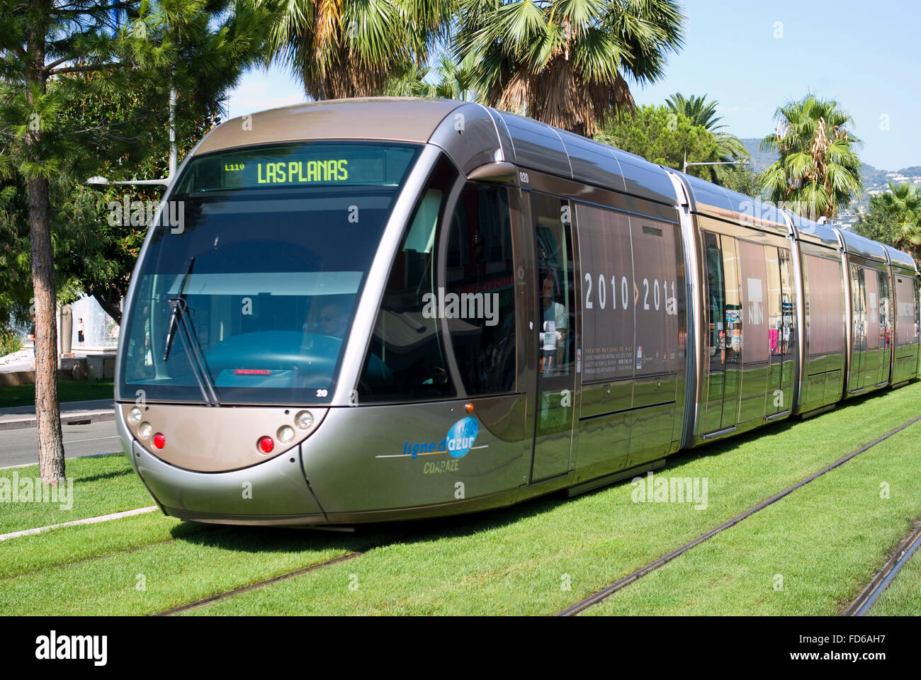 Modern tram in the centre of Nice, France - Place Massena, new landmark of the town Stock Photo