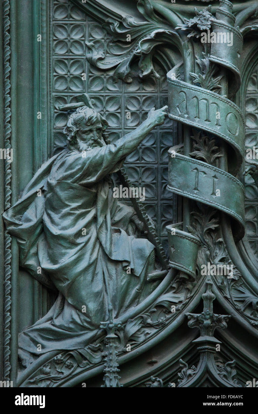 Saint Joseph. Detail of the main bronze door of the Milan Cathedral (Duomo di Milano) in Milan, Italy. The bronze door was designed by Italian sculptor Ludovico Pogliaghi in 1894-1908. Stock Photo