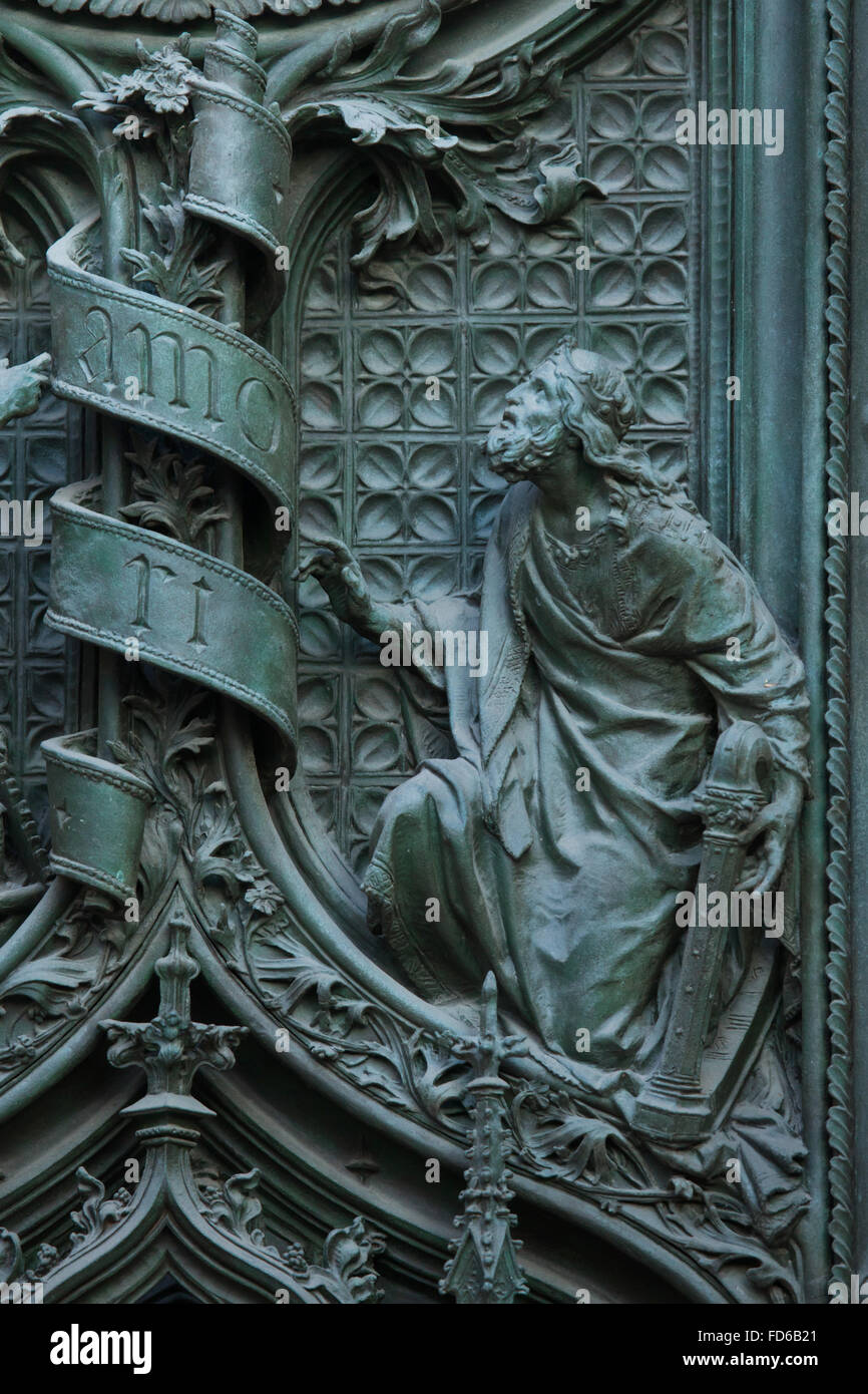 King David. Detail of the main bronze door of the Milan Cathedral (Duomo di Milano) in Milan, Italy. The bronze door was designed by Italian sculptor Ludovico Pogliaghi in 1894-1908. Stock Photo