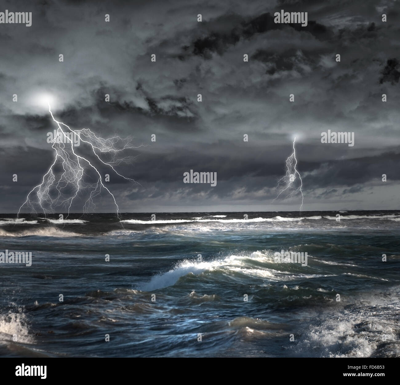 Image of dark night with lightning above stormy sea Stock Photo - Alamy