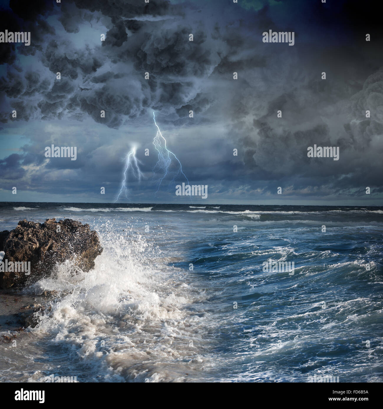 Image of dark night with lightning above stormy sea Stock Photo - Alamy