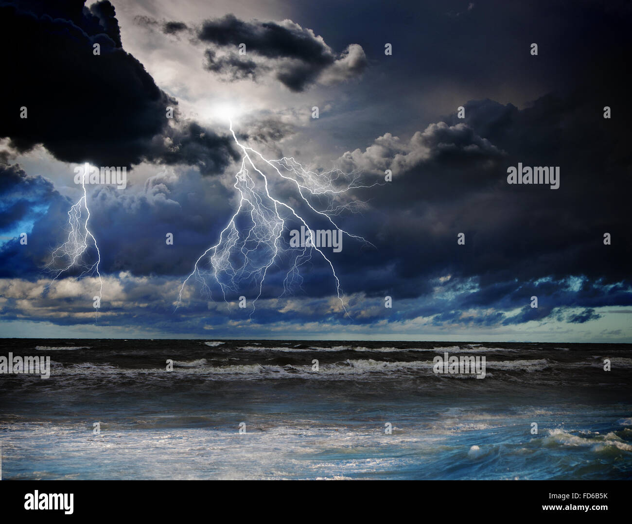 Image of dark night with lightning above stormy sea Stock Photo - Alamy