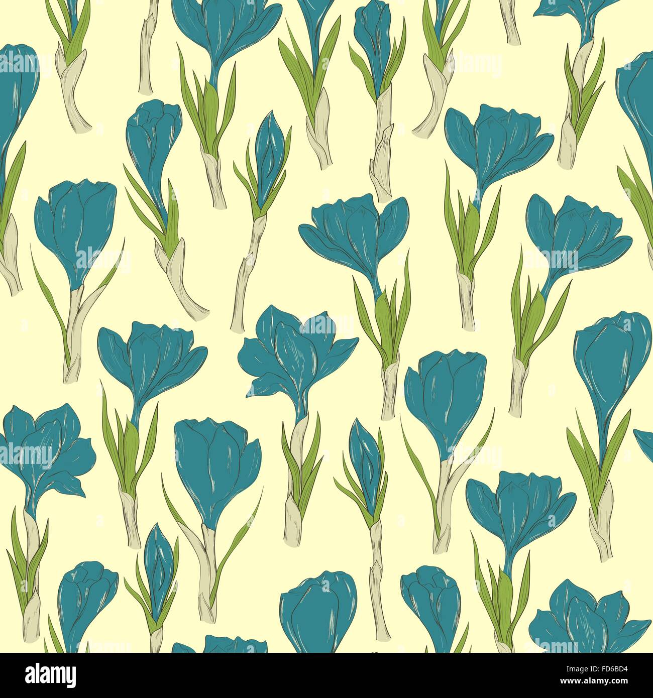 Seamless pattrn with hand drawn spring crocus flowers. Vector illustration Stock Vector