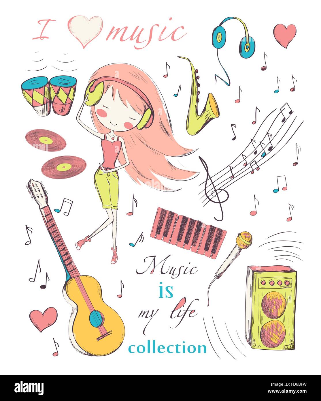 Hand drawn girl and music accessories doodle design elements set. Vector illustration. Stock Vector