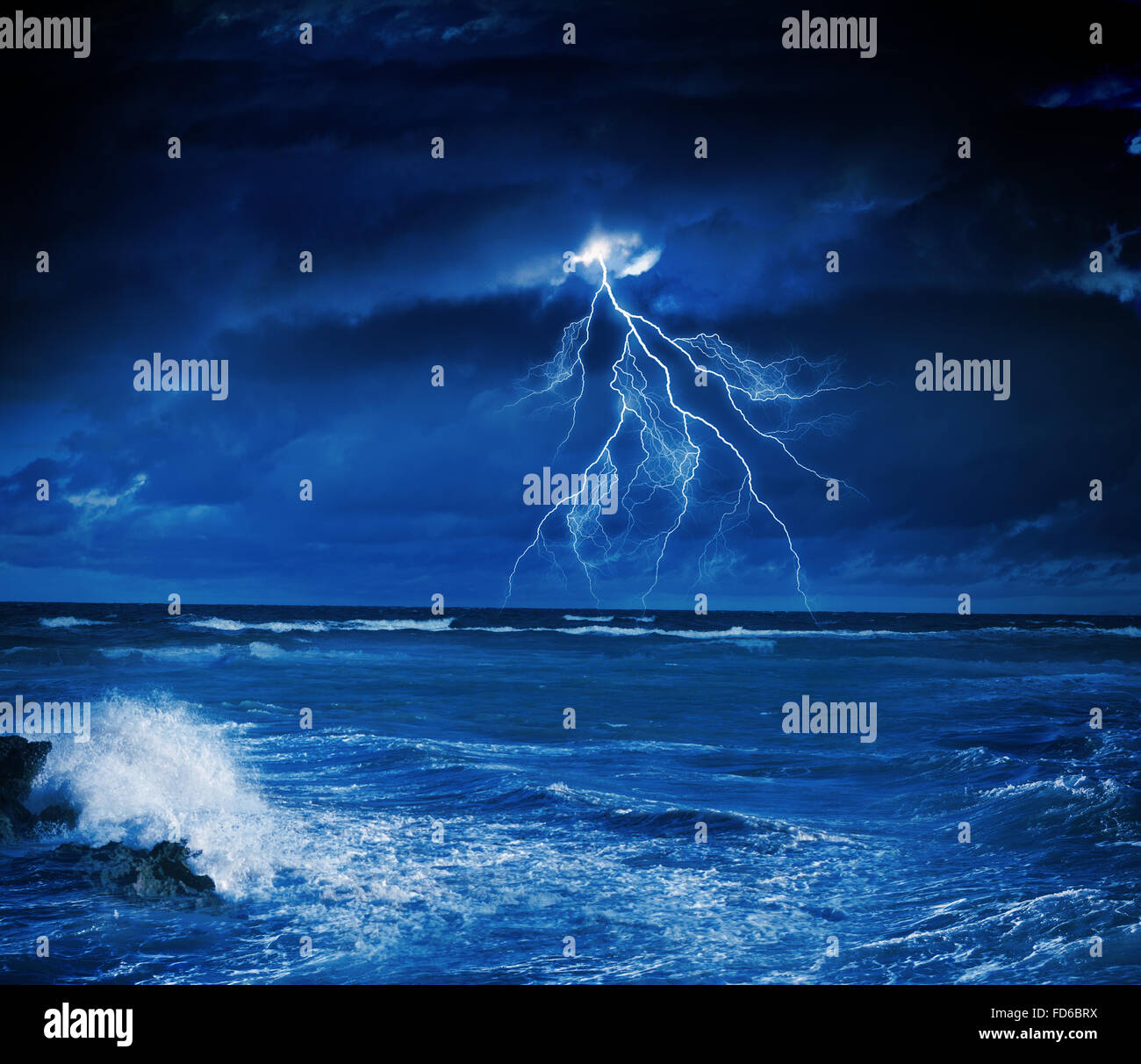 Image of dark night with lightning above stormy sea Stock Photo - Alamy