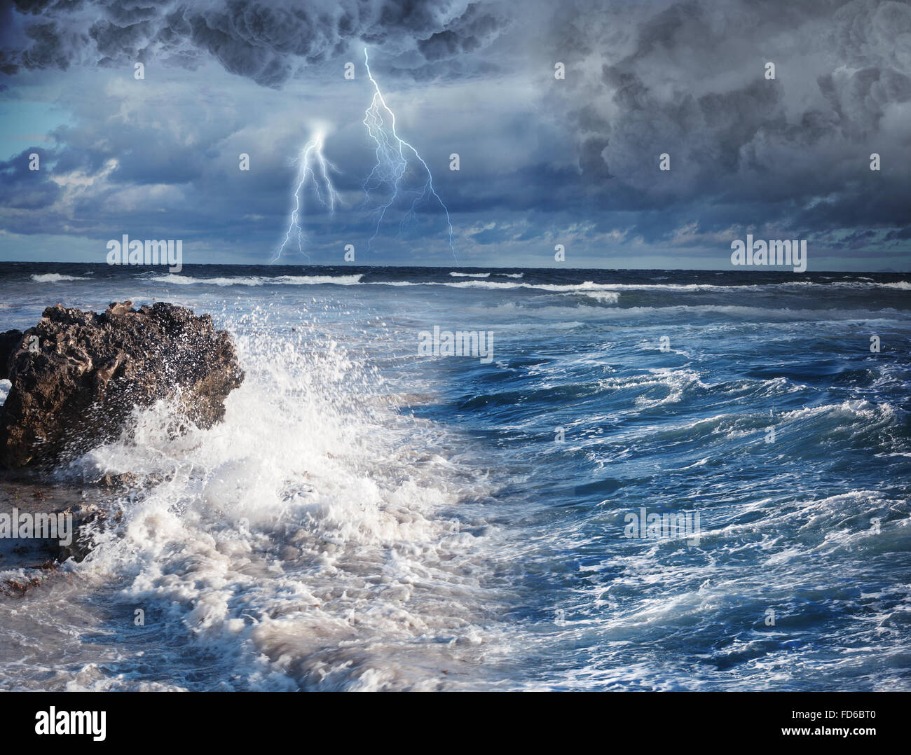 Image of dark night with lightning above stormy sea Stock Photo - Alamy