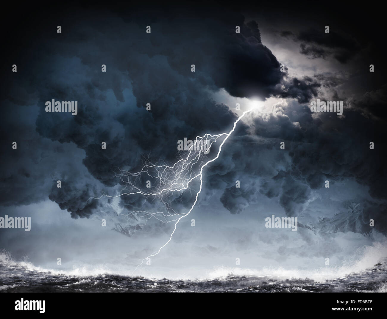 Image of dark night with lightning above stormy sea Stock Photo - Alamy