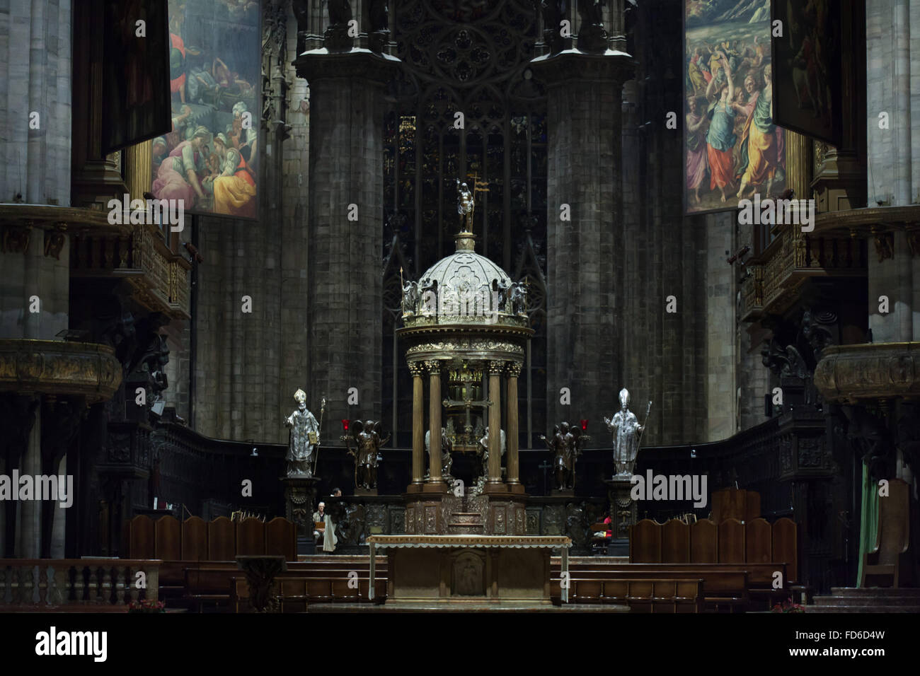 Ciborium designed by Italian mannerist architect Pellegrino Tibaldi for the presbytery of the Milan Cathedral (Duomo di Milano) in Milan, Lombardy, Italy. Quadroni di San Carlo are seen above. Stock Photo