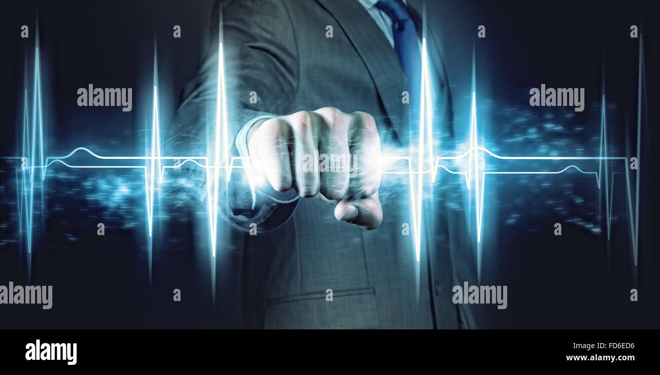 Businessman holding lightning in fist. Power and control Stock Photo ...