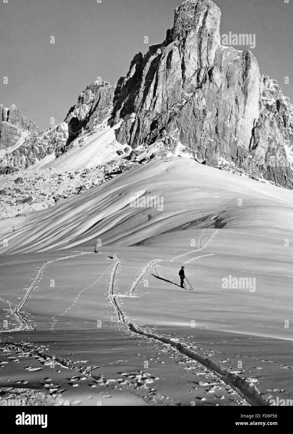 Skiing near Cortina d'Ampezzo, 1920s Stock Photo