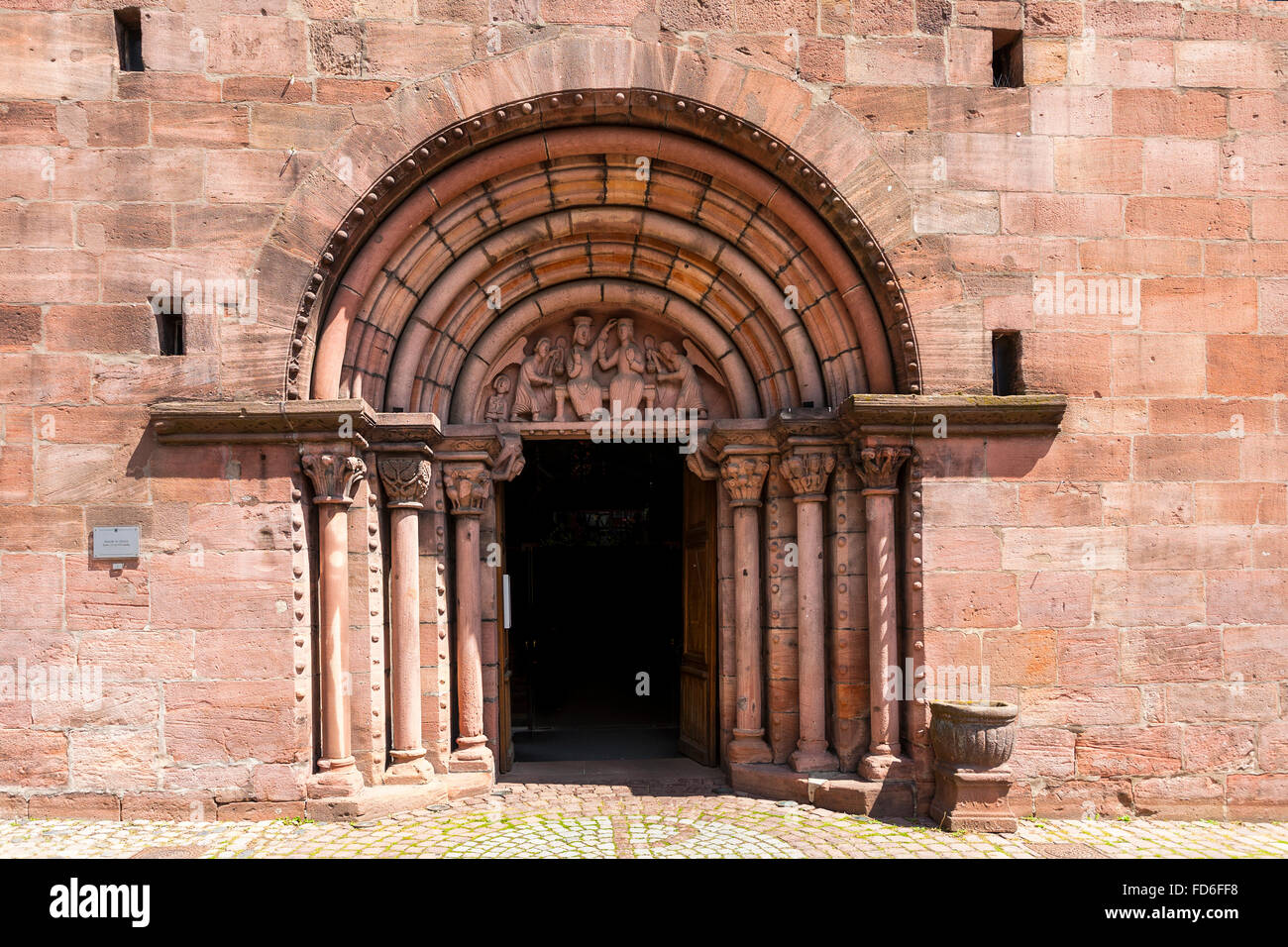 Front door to sainte Croix Church in kaysersberg, along the Wine Route, Alsace Haut Rhin france Stock Photo