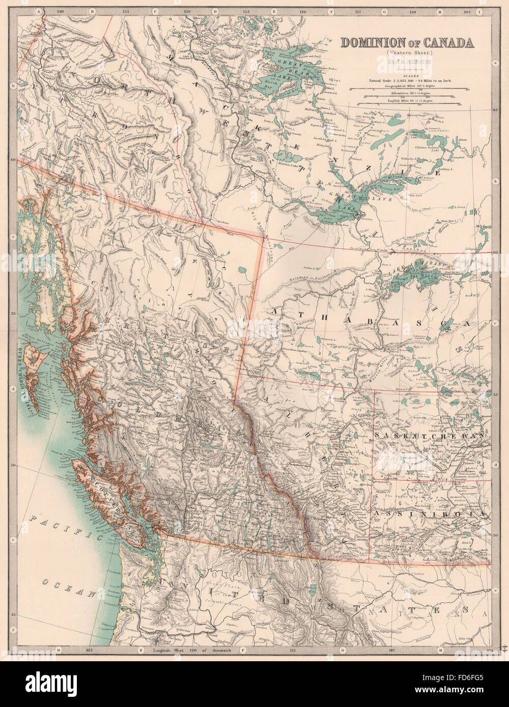 CANADA WEST: BC AB Athabasca SK Assiniboia Yukon Mackenzie. JOHNSTON, 1906 map Stock Photo