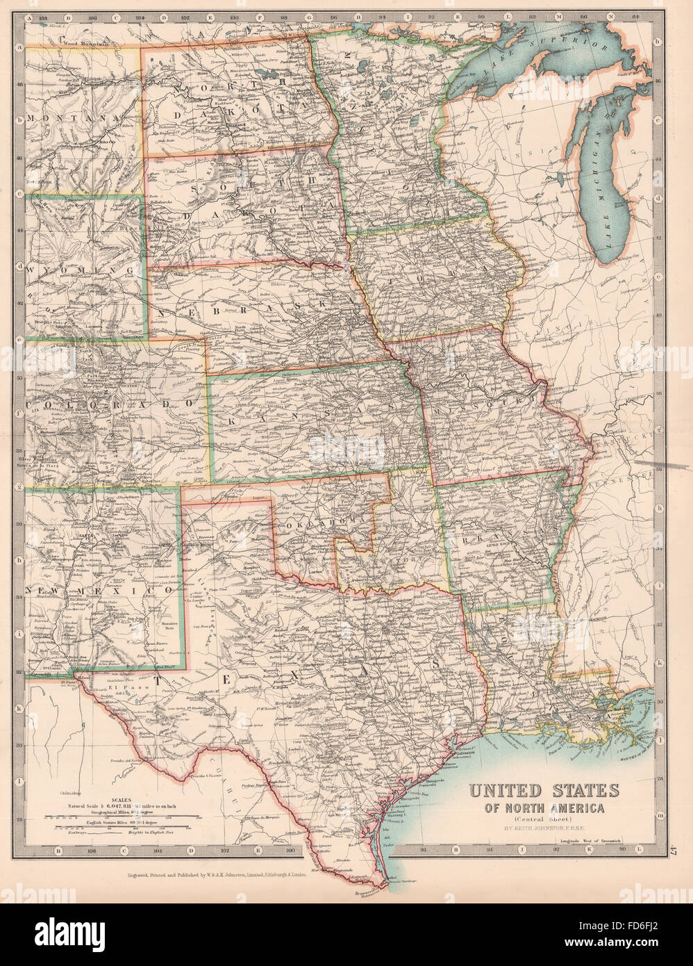 USA CENTRAL: Shows 'Indian Territory' within Oklahoma. Texas. JOHNSTON, 1906 map Stock Photo