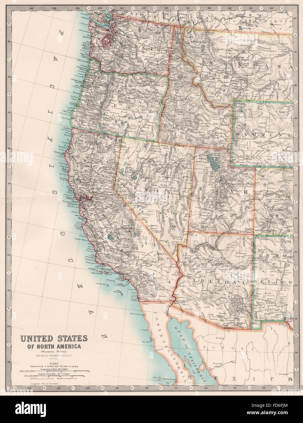 USA WEST: Pacific/Mountain states.California OR WA NV ID AZ UT.JOHNSTON 1906 map Stock Photo