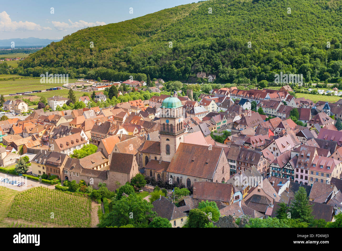 view the village of Kaysersberg from castle, Alsace, wine route Alsace Haut Rhin France Stock Photo