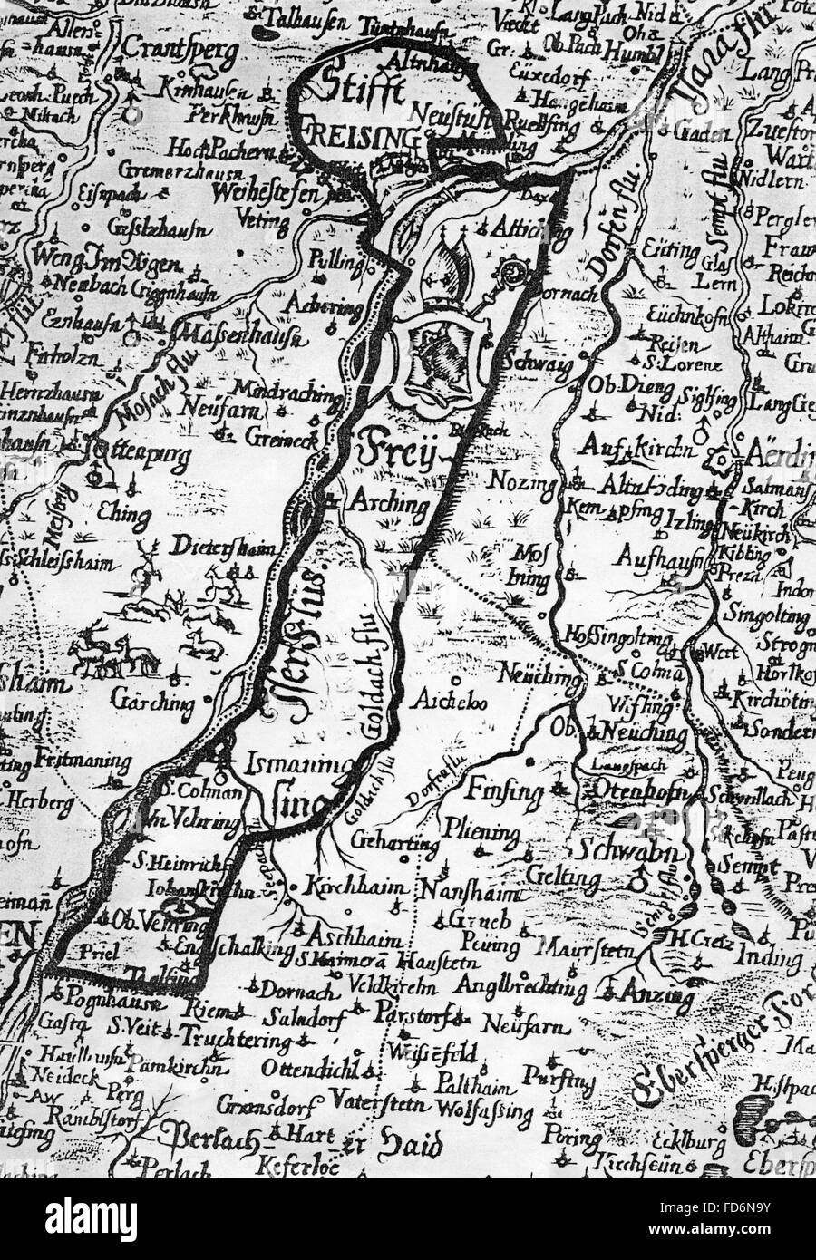 Historical map of the diocese of Freising in 1684 Stock Photo