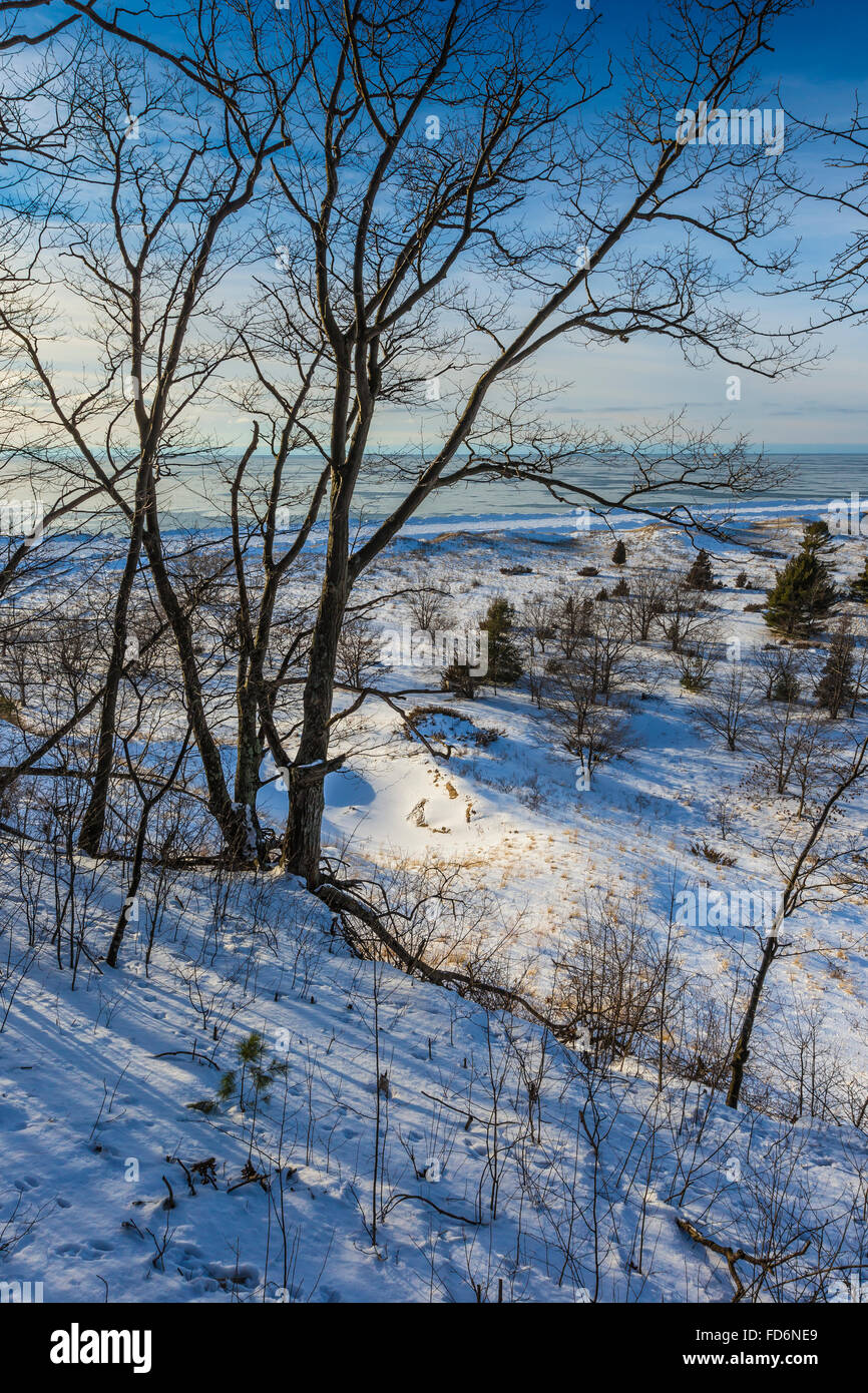 View from atop snowcovered sand dunes down to the beach in Rosy Mound