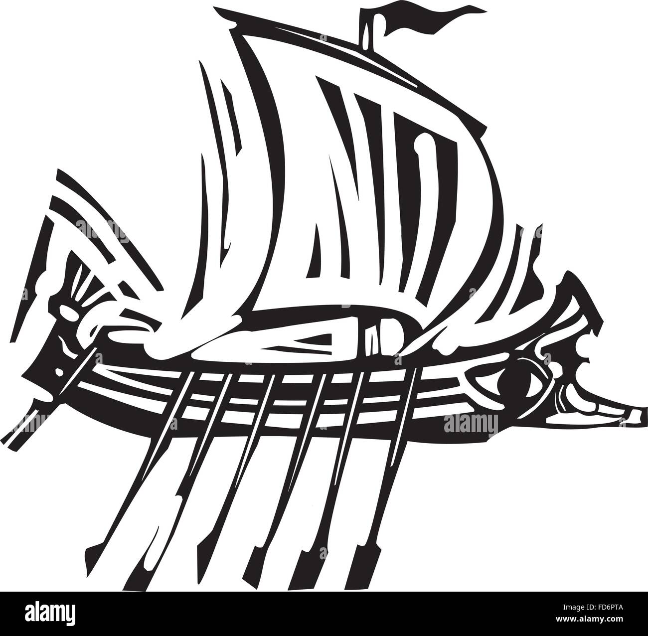 Woodcut style ancient Greek Galley with oars and sail. Stock Vector