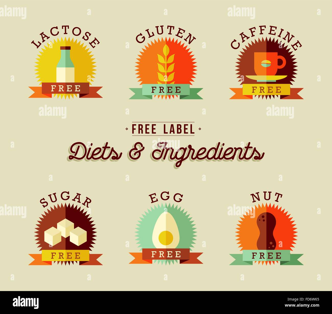 Set of food label designs in flat style for healthy eating. Includes lactose free, gluten, caffeine, sugar, egg and nut allergy Stock Vector