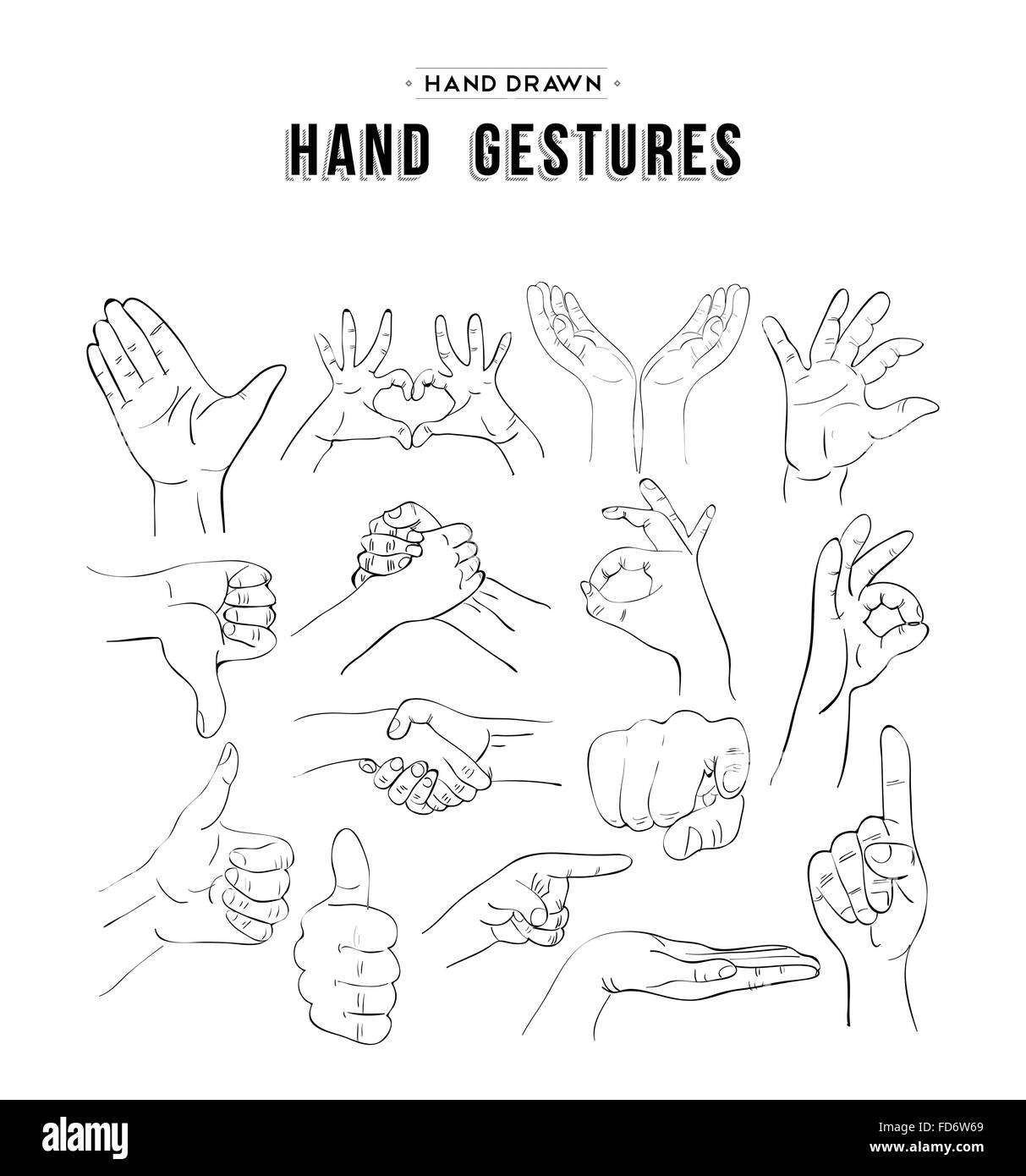 Handmade sketches set of hand gesture signs. Universal social communication icons. EPS10 vector. Stock Vector