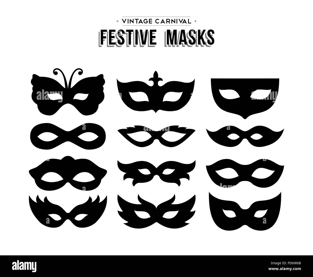 Set of festive vintage carnival masks silhouettes isolated over white. EPS10 vector. Stock Vector