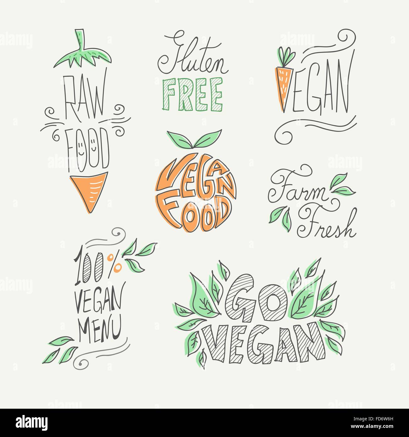 Set of hand drawn vegan food labels with text and doodle fruit decoration: farm fresh, gluten free and raw eating. EPS10 vector. Stock Vector