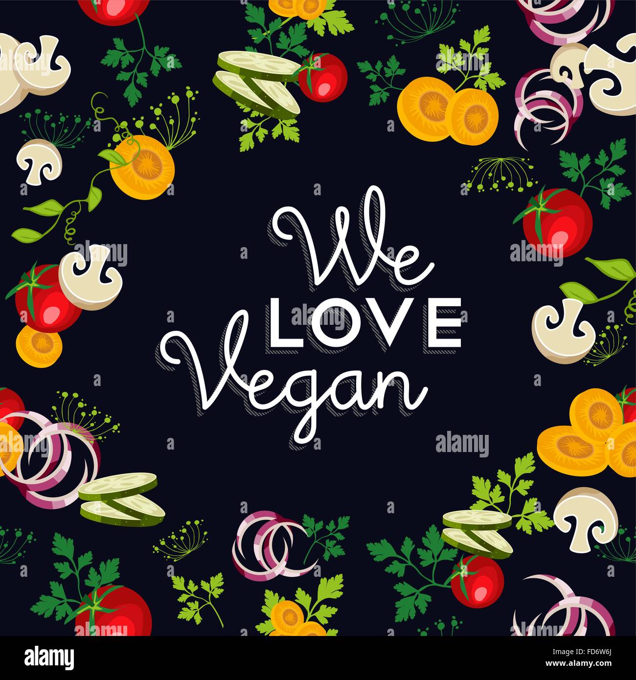 We love vegan food text with raw vegetables and ingredients illustration. EPS10 vector. Stock Vector