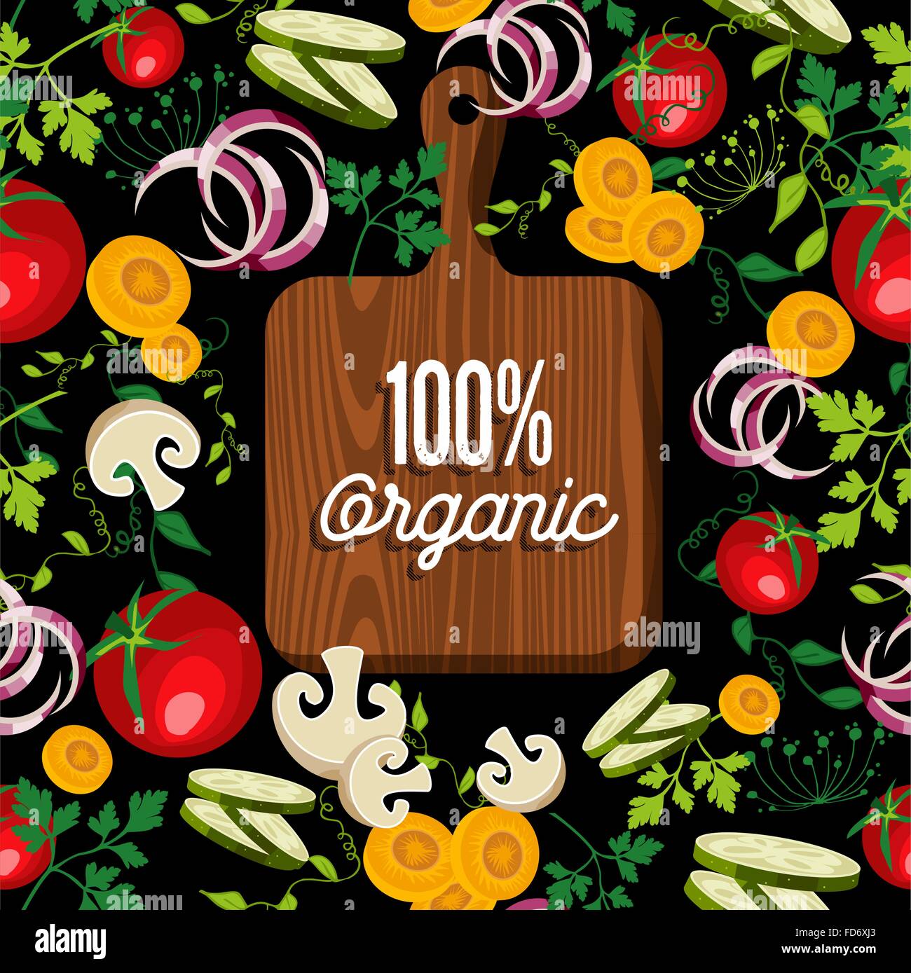 Raw vegetables spread around cutting board with 100% organic text quote, concept illustration. EPS10 vector. Stock Vector