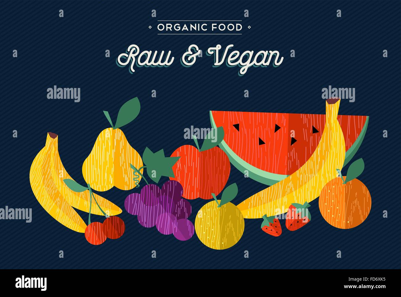 Vegan and vegetarian raw food concept illustration with fruits. Includes apple, orange, banana in flat wooden textured style. Stock Vector