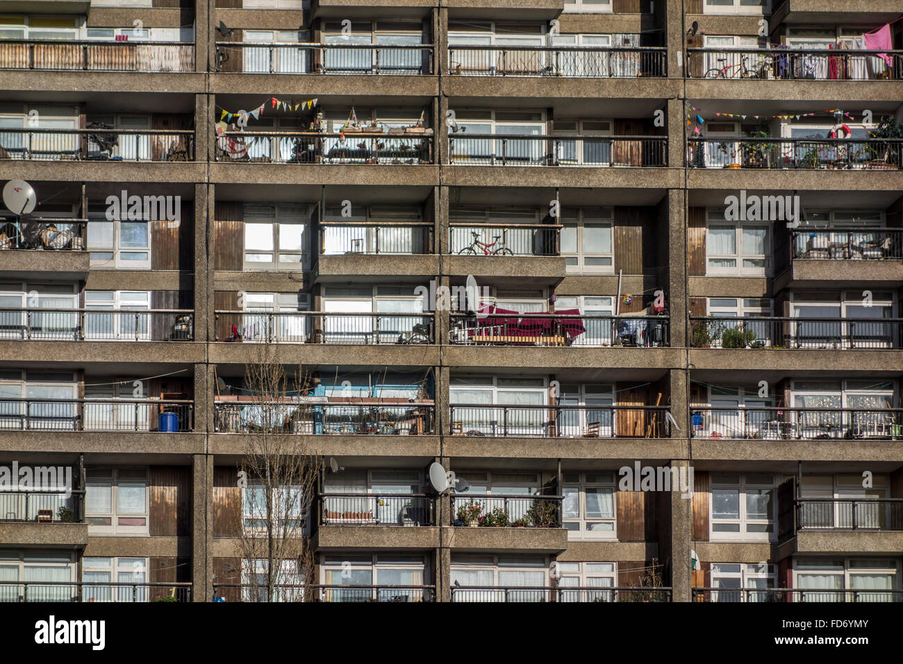Brutalism: Close-up view of brutalist architecture of Trellick Tower, North Kensington, London, UK Stock Photo