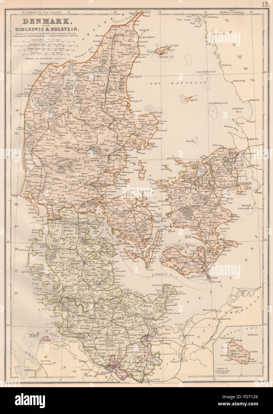 DENMARK SCHLESWIG & HOLSTEIN Railways. Scale in Danish miles. BLACKIE