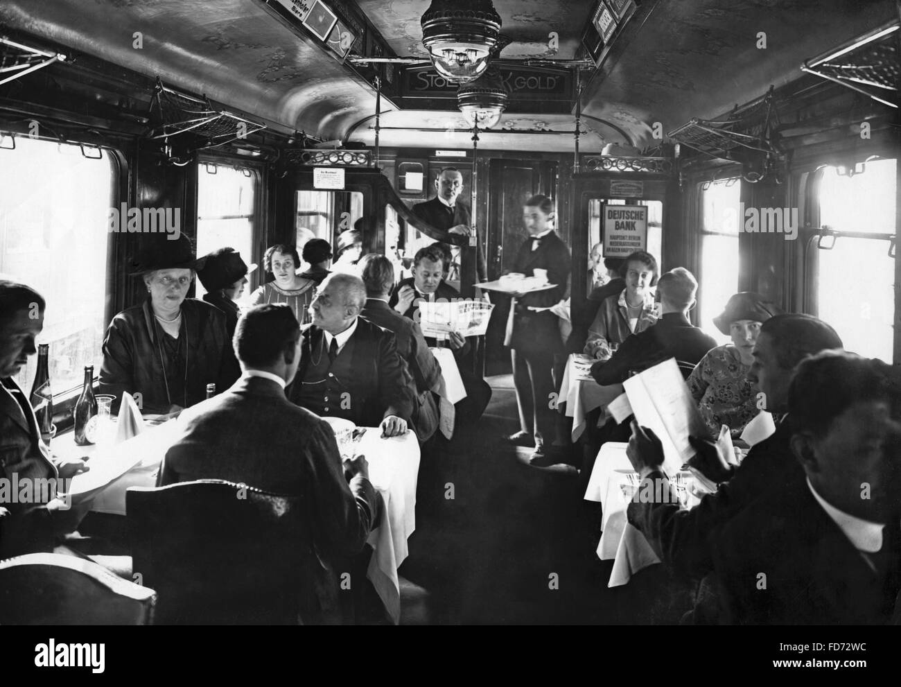 Railway dining car in Germany, 1926 Stock Photo