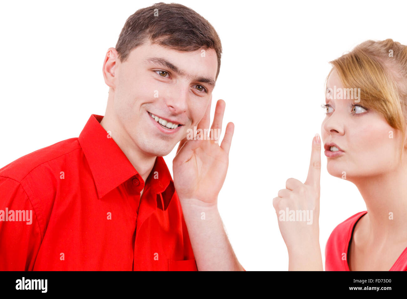 Woman telling man some secrets, couple talking gossiping. Excited ...
