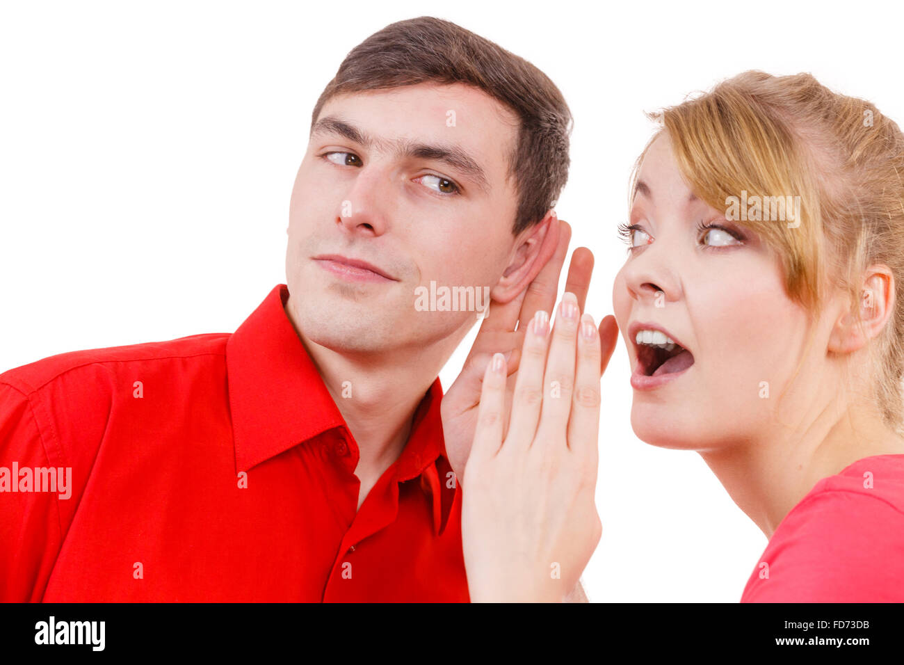 Woman telling man some secrets, couple talking gossiping. Excited ...