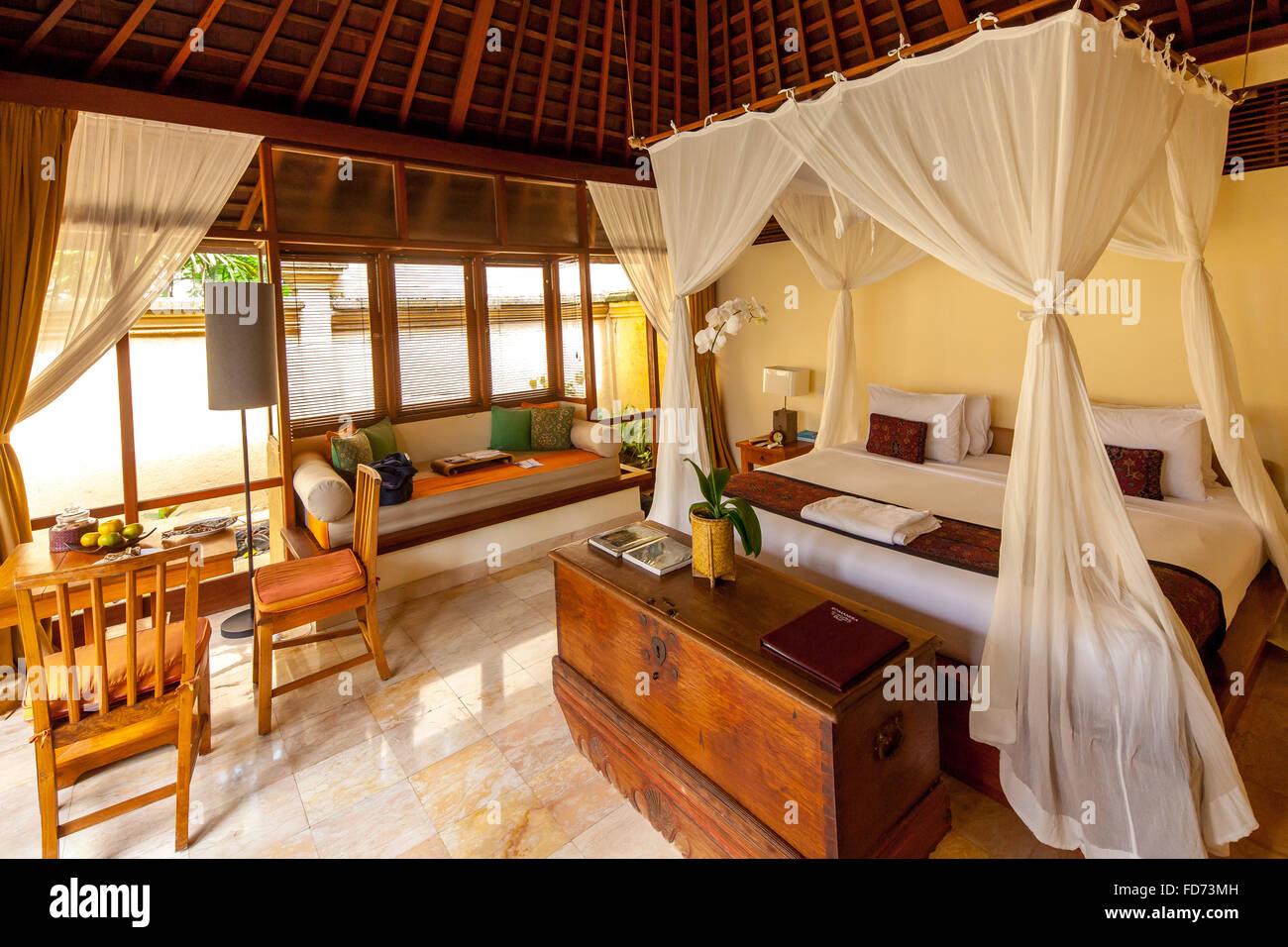 Hotel rooms with four-poster bed, tourism, travel, Ubud, Bali, Indonesia, Asia Stock Photo