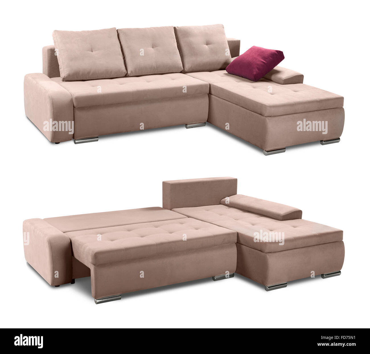 Upholstery sofa corner set with pillows isolated on white background