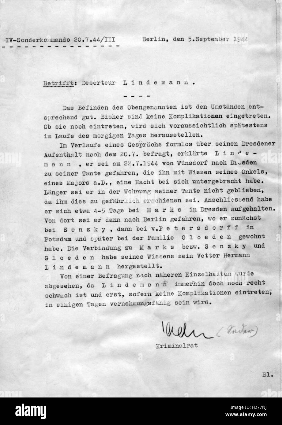 Interrogation report of the attack of 20 July 1944 Stock Photo