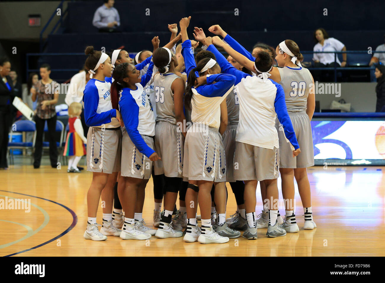 New Orleans Louisiana, USA. 27th Jan, 2016. The UNO Lady Privateers huddle  before NCAA Basketball game action between the New Orleans Privateers and  the Nicholls State Colonels at the Lakefront Arena in