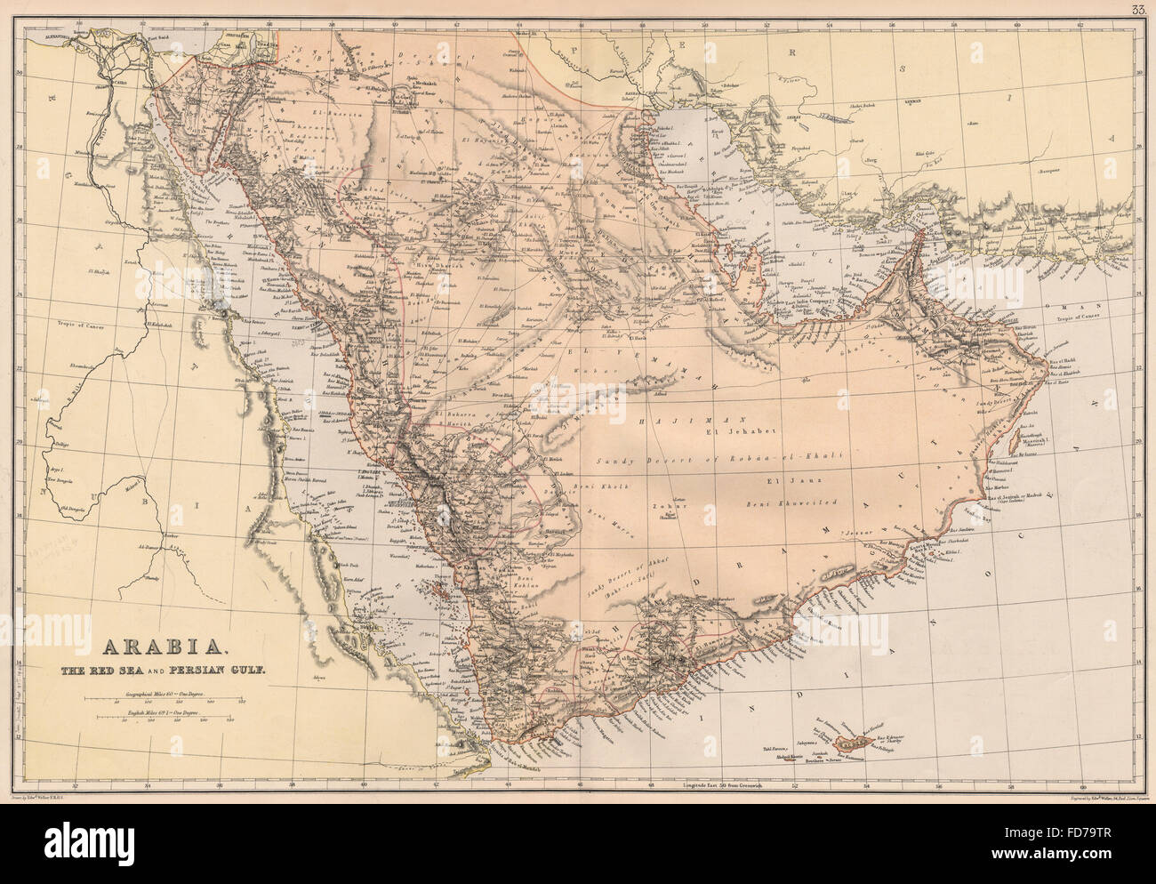 ARABIA: Shows "Debai" (Dubai) "Abu Thubbi" (Abu Dhabi) Jeddah. BLACKIE, 1882 map Stock Photo