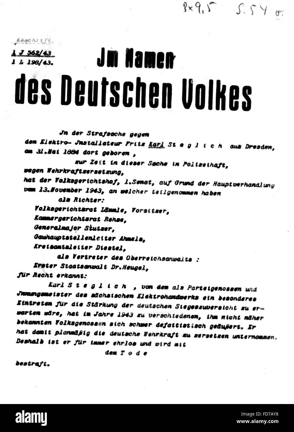 Death sentence against Fritz Karl Steglich, 1943 Stock Photo