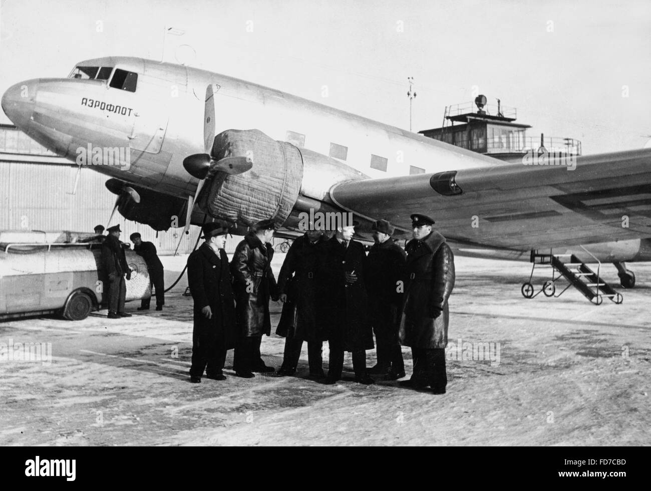 First landing of a Soviet passenger aircraft at the Berlin-Tempelhof Airport, 1940 Stock Photo