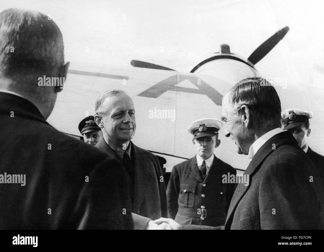 Chamberlain says goodbye to Ribbentrop at the Cologne airport, 1938 Stock Photo