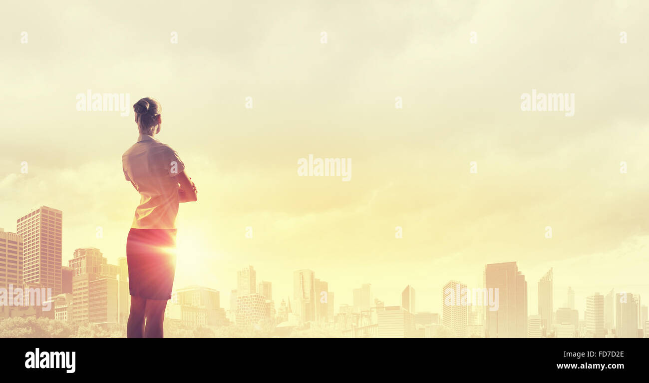Rear view of businesswoman looking at sunset above city hi-res stock ...