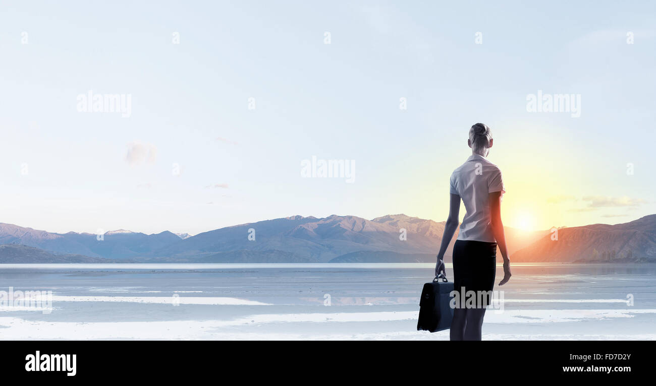 Rear view of businesswoman looking at sunset Stock Photo - Alamy
