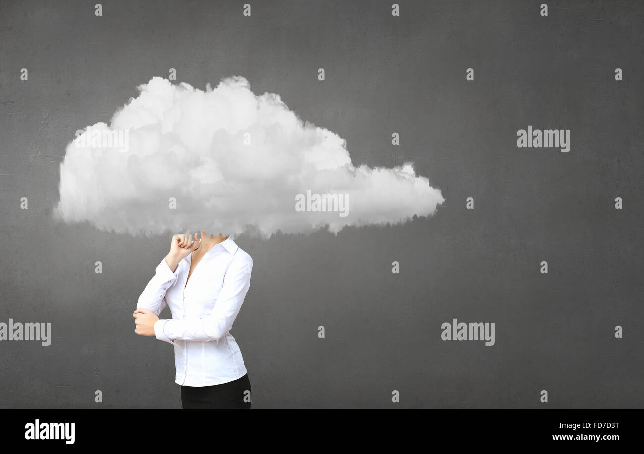 Businesswoman standing with his head in cloud Stock Photo - Alamy