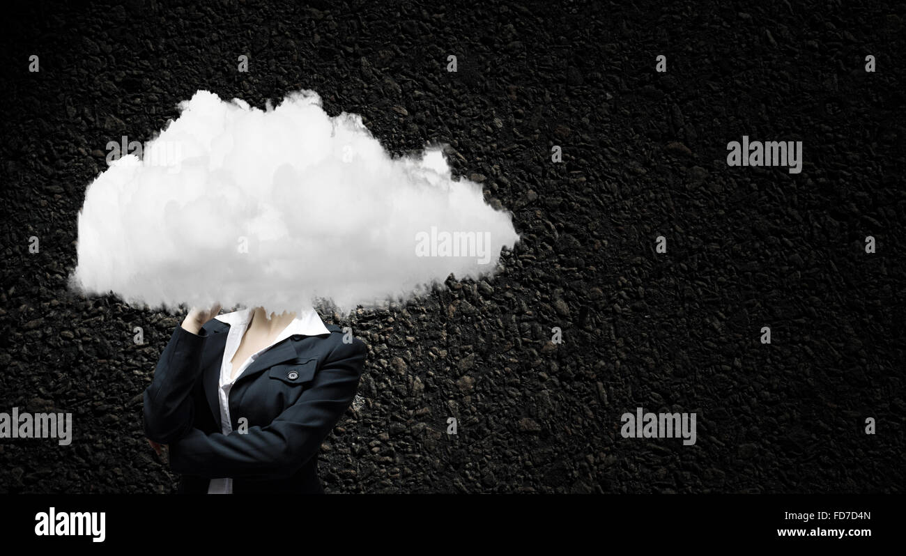 Businesswoman standing with his head in cloud Stock Photo - Alamy