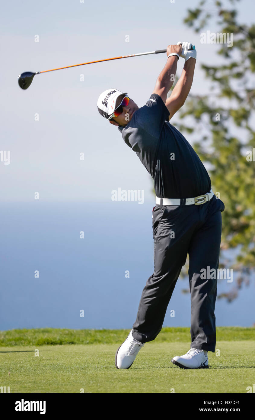 San Diego, California, USA. 28th Jan, 2016. Hideki Matsuyama tees off on the 8th hole of the North Course during the first round of the Farmers Insurance Open at Torrey Pines Golf Course in San Diego, California. Justin Cooper/CSM/Alamy Live News Stock Photo