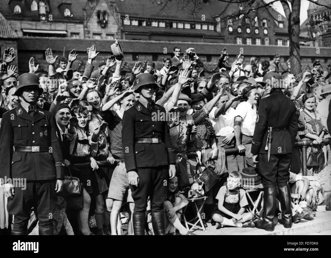 Crowds in front of Hotel Deutscher Hof at the Nuremberg Rally, 1937 Stock Photo