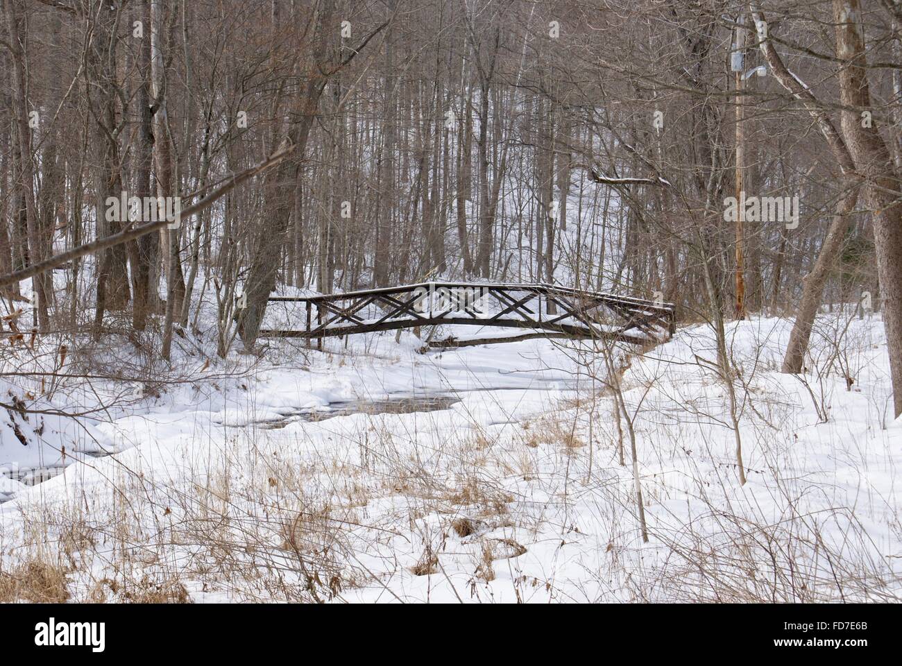 A bridge over a creek in the winter covered in snow, in Nashville, Indiana. Stock Photo