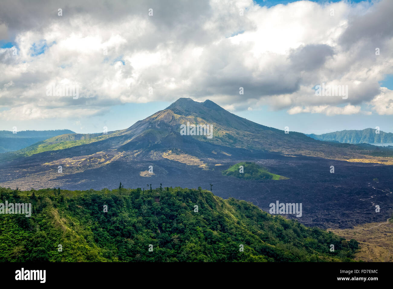Gunung Agung volcano, Tulamben, panoramic, clouds and jungle, palms, Timbuktu, Bali, Indonesia, Asia, Stock Photo